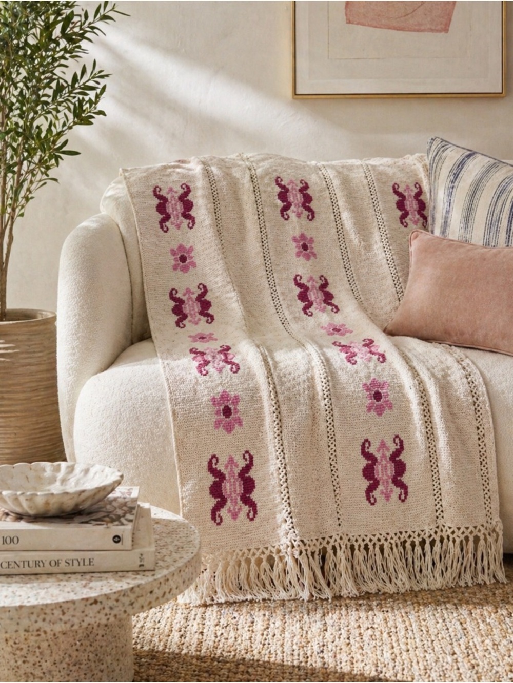 Handmade Crochet Throw Blanket Cream Pink Fringe Boho Cottage Anthro Afghan
